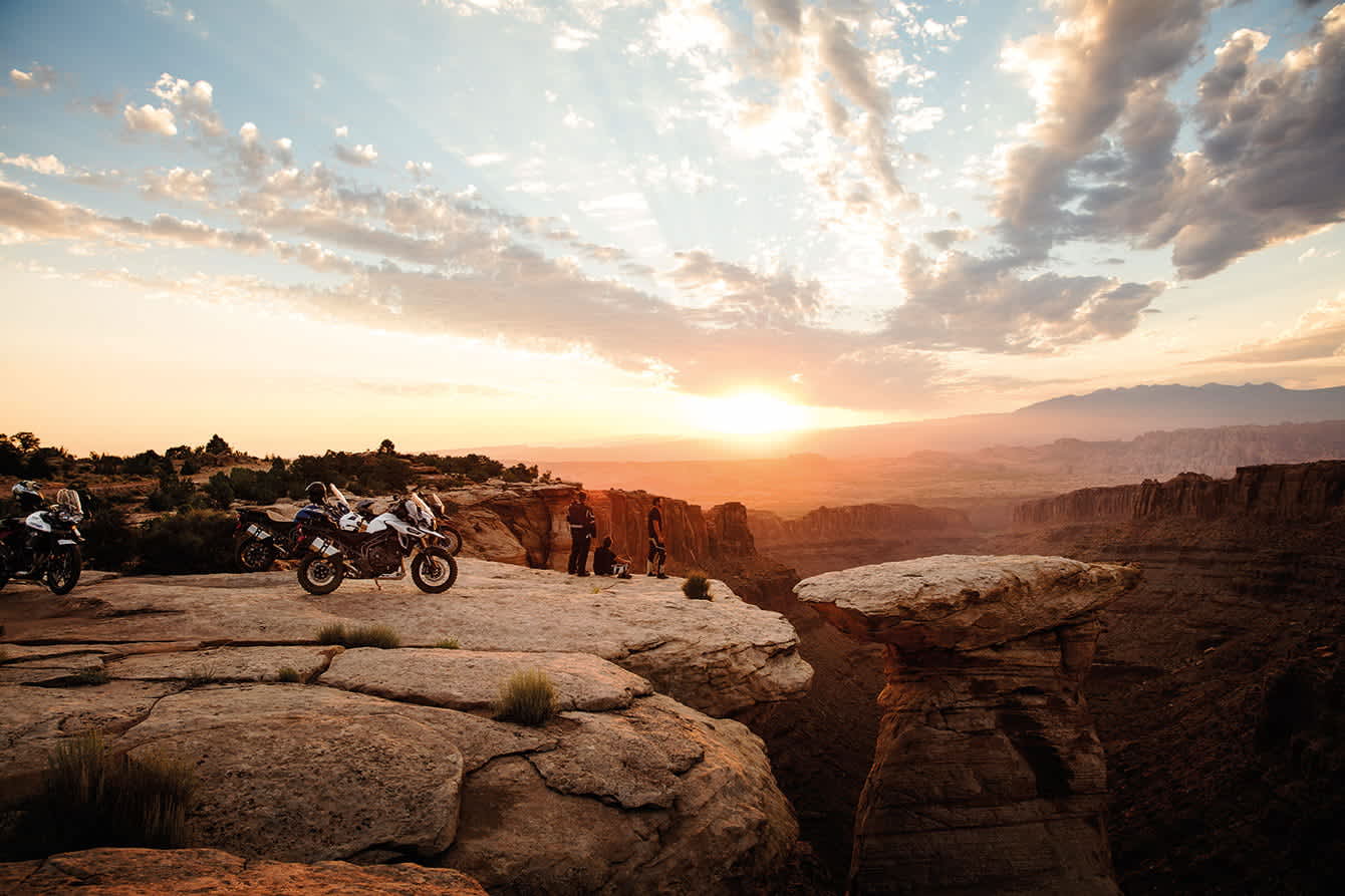 View of a Vista with Triumph adventure bikes on the peak